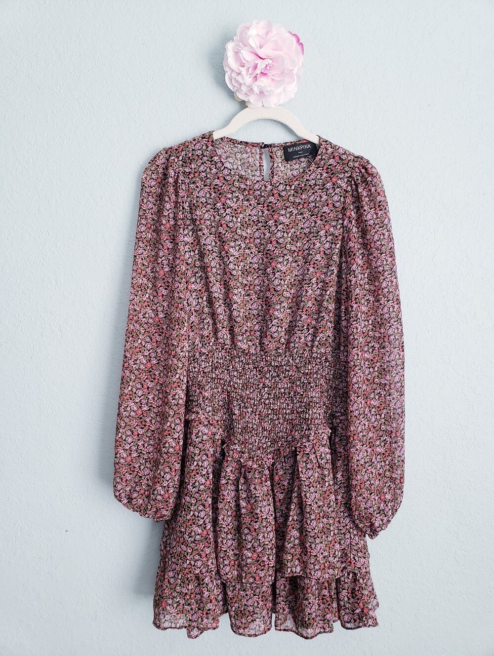 MINKPINK Safi Long Sleeve Floral Smocked Waist Ruffle Mini Dress